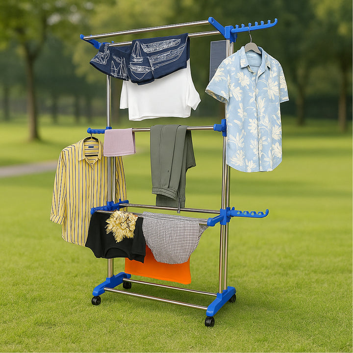 Superior eMart foldable clothes drying rack with multiple tiers and blue accents holding various clothes outdoors