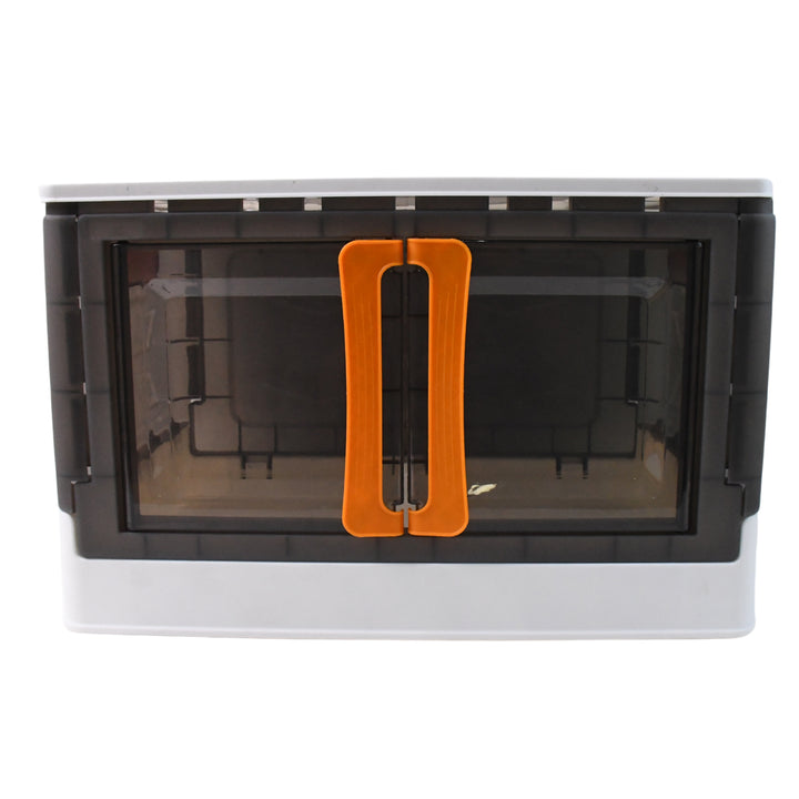 Superior eMart folding wardrobe organizer with black body, transparent front doors, and orange handles
