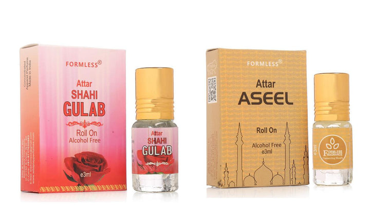 Shahi Gulab and Aseel 3ml roll-on attar perfume bottles with their respective pink and gold packaging