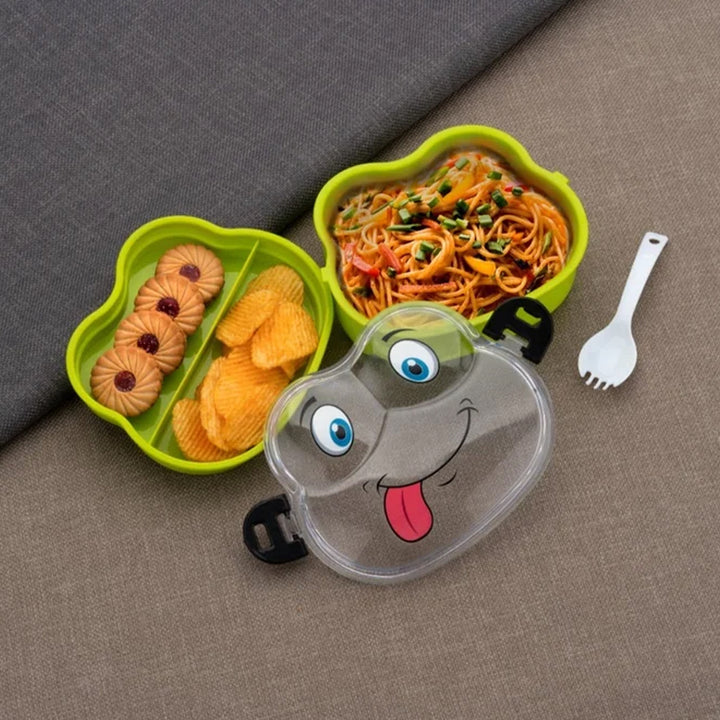 Froggy shape lunch box with fun design, divided sections for snacks and pasta, and included fork