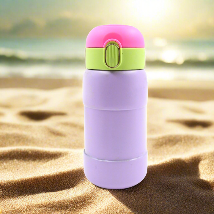 Superior eMart stainless steel water bottle in lavender color with pink and green lid, perfect for outdoor use