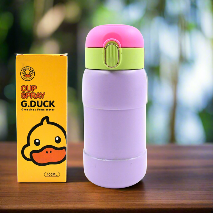 G.DUCK stainless steel water bottle in lavender with pink and green lid for stylish hydration