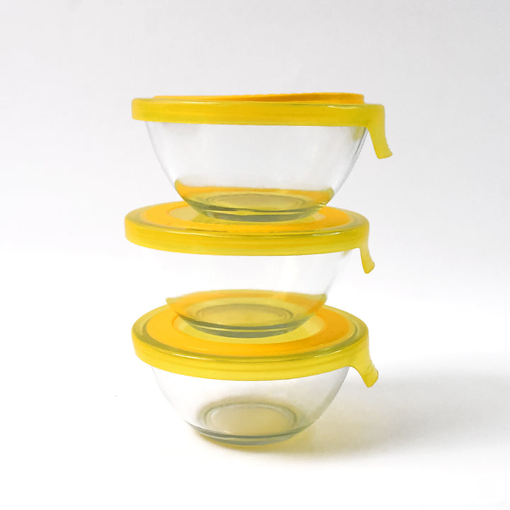 Superior eMart 3 piece glass bowl set with yellow airtight lids for kitchen storage