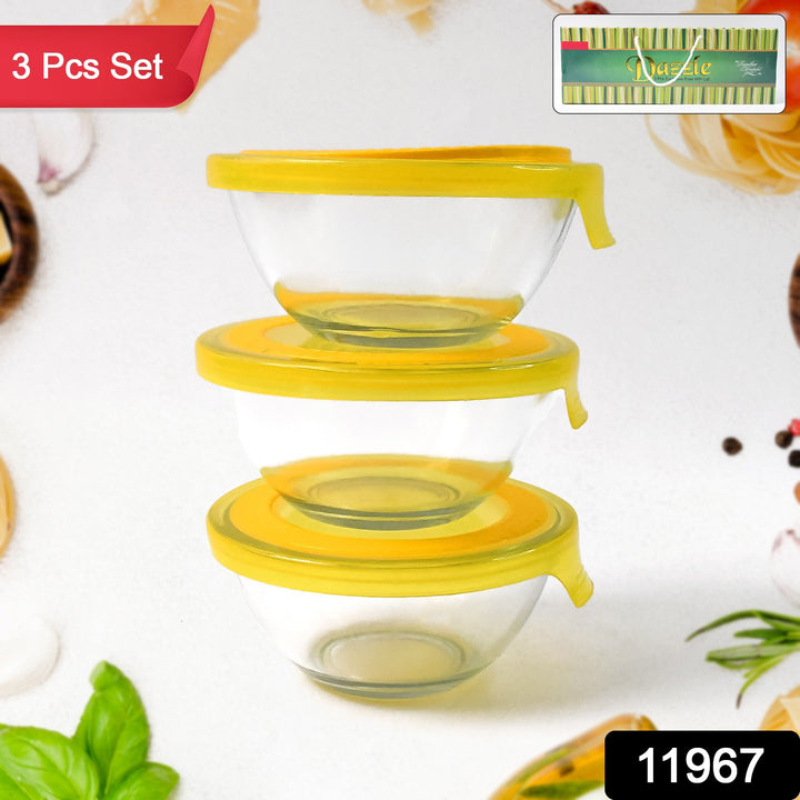 Superior eMart 3 piece glass bowl set with yellow lids for kitchen storage and food prep