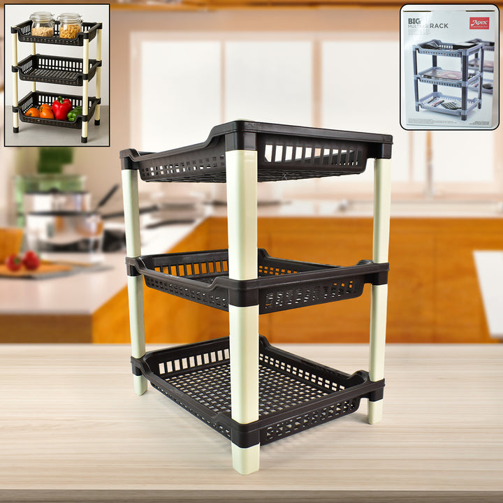 Superior eMart 3-tier plastic storage rack with black shelves and beige supports for kitchen organization