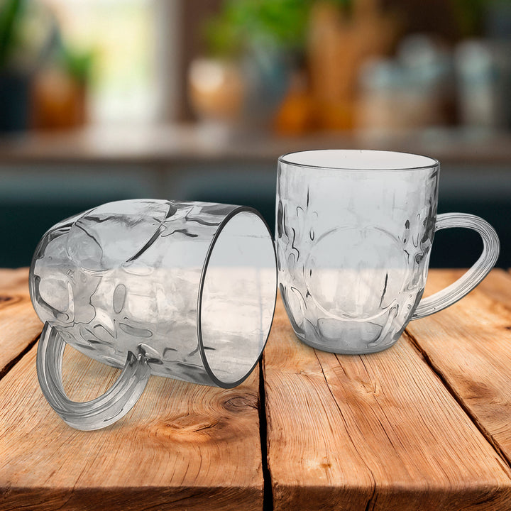Transparent 350ml coffee mugs set with textured design on wooden table for home kitchen use