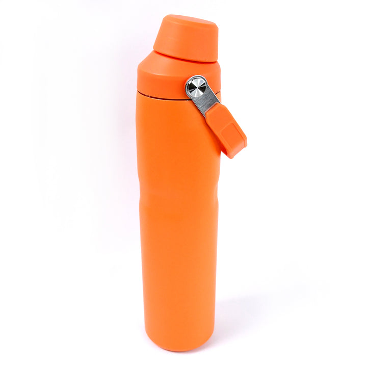 Orange insulated stainless steel water bottle with secure cap and carry handle from Superior eMart