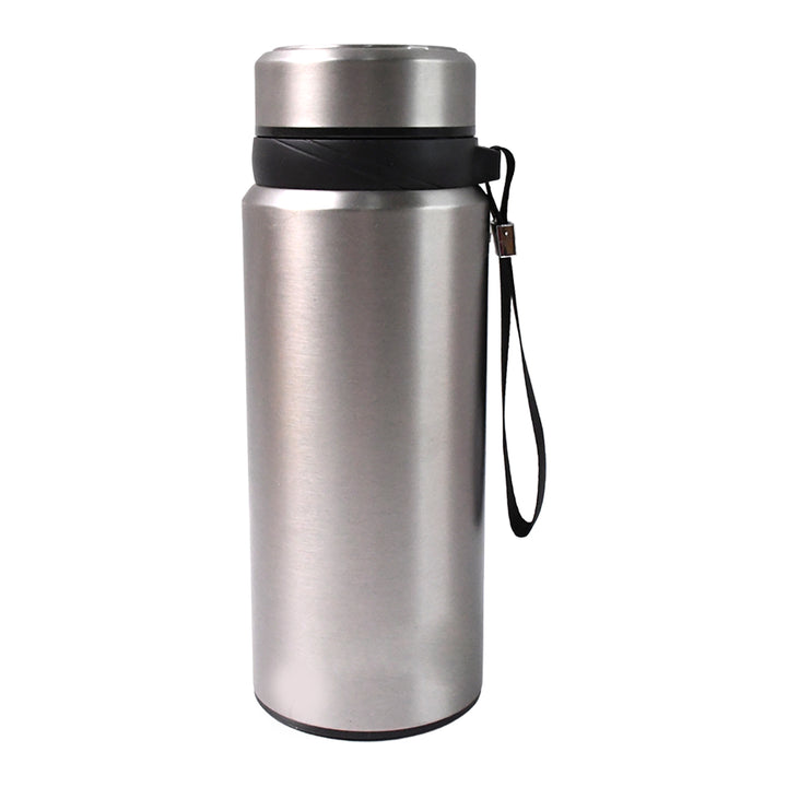Superior eMart stainless steel insulated water bottle with silver finish and black carrying strap