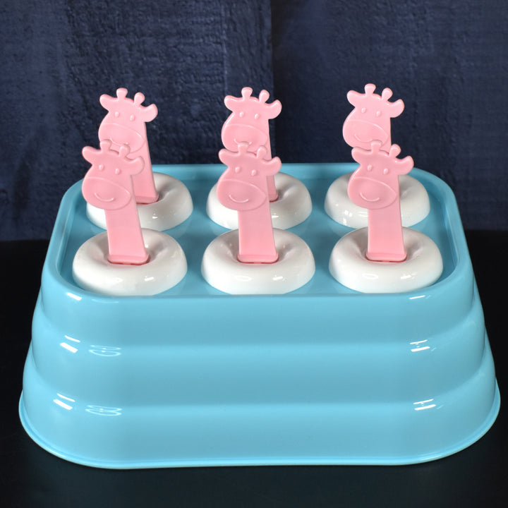 Giraffe popsicle molds in a blue tray, featuring playful giraffe-shaped handles for fun summer treats