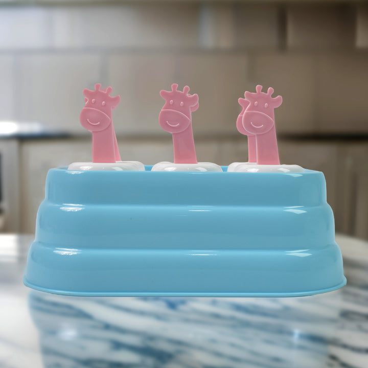 Giraffe popsicle molds in blue tray with pink giraffe-shaped handles for fun frozen treats