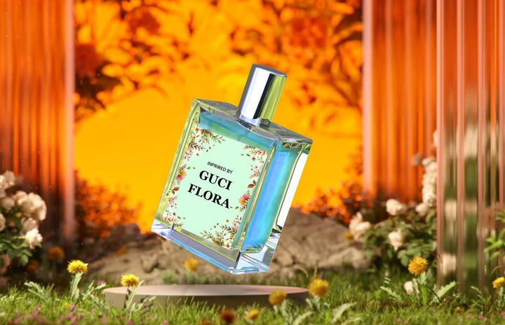 Gucci Flora floral perfume for women in a clear glass bottle with silver cap on a floral background
