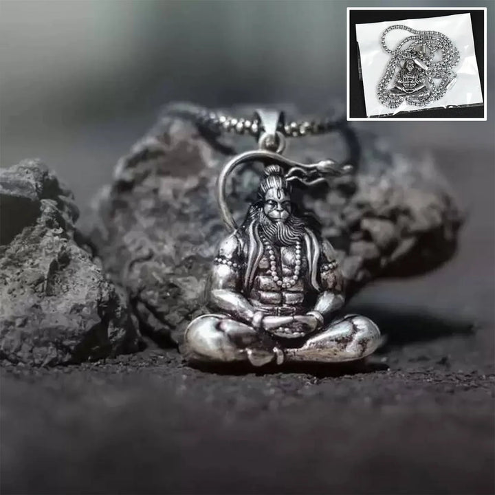 Hanuman Ji pendant necklace featuring intricate design on a silver chain with detailed craftsmanship