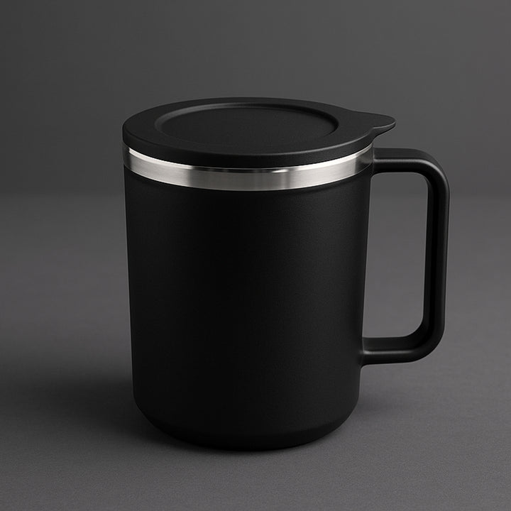 Superior eMart black Happy Mug 400ml with lid and ergonomic handle for home and kitchen use