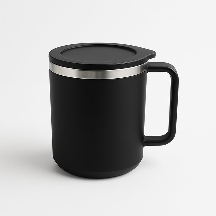 Black insulated Happy Mug 400ml with lid and handle for hot beverages by Superior eMart