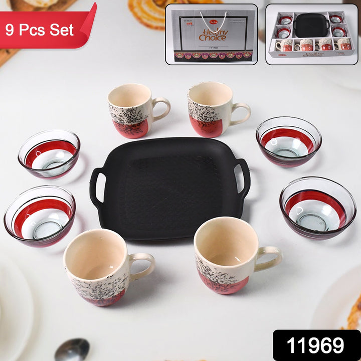 Superior eMart ceramic cup and glass bowl set with four cups, four bowls, and one black serving tray