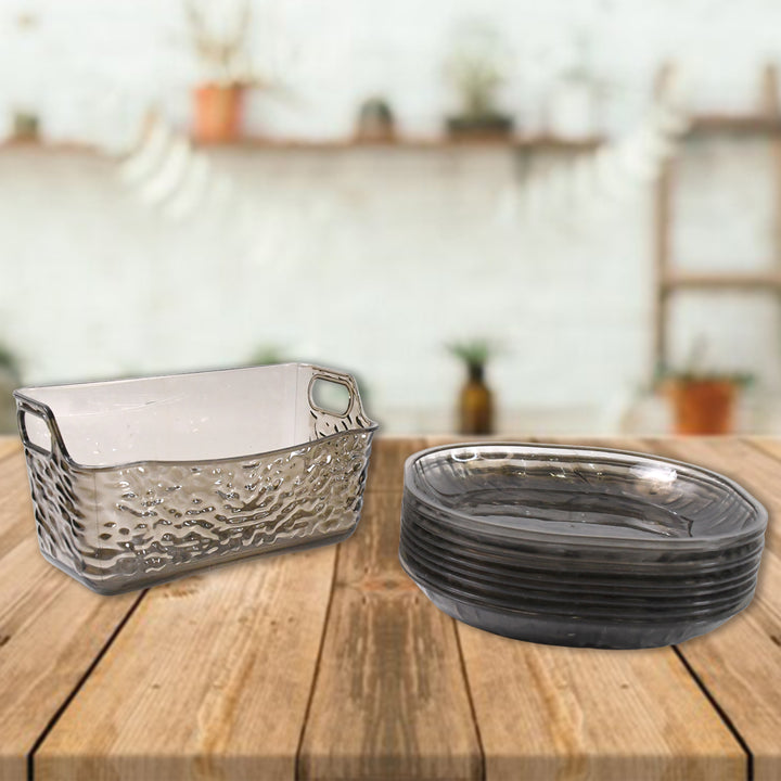 Household plates set 10 pieces in clear textured glass on wooden table from Superior eMart