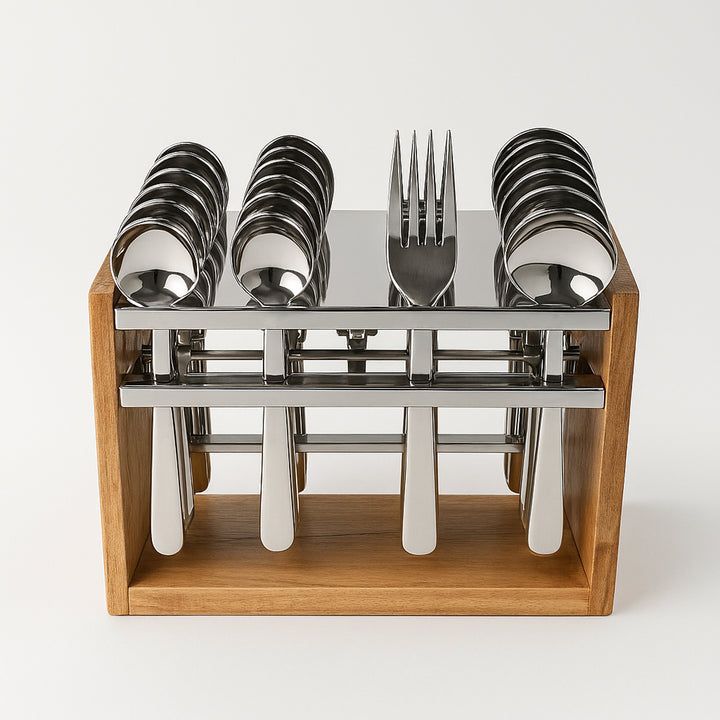Superior eMart 24 piece stainless steel cutlery set neatly arranged in a wooden and metal holder