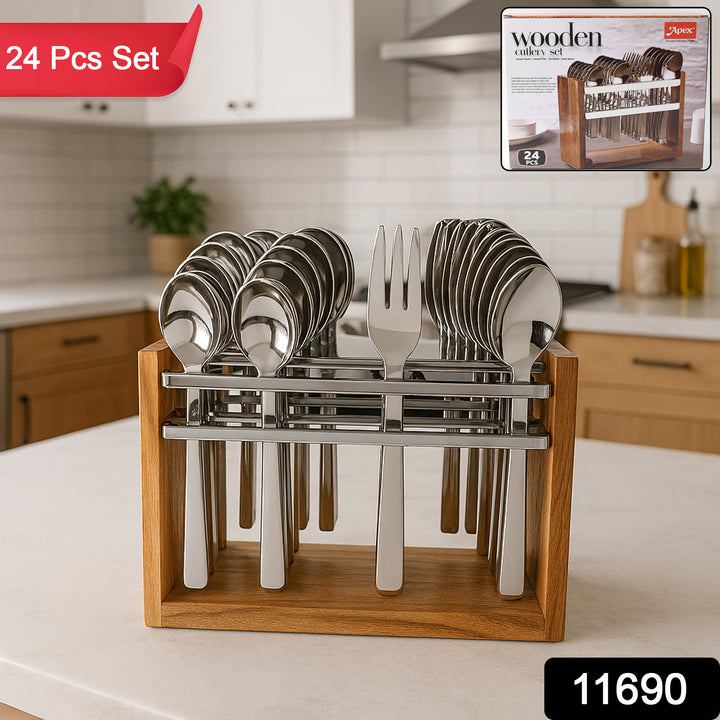 24 piece stainless steel cutlery set with wooden stand displayed on kitchen counter