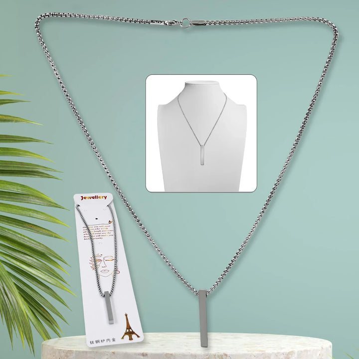 Stainless steel locket necklace with a sleek vertical bar design on a silver chain