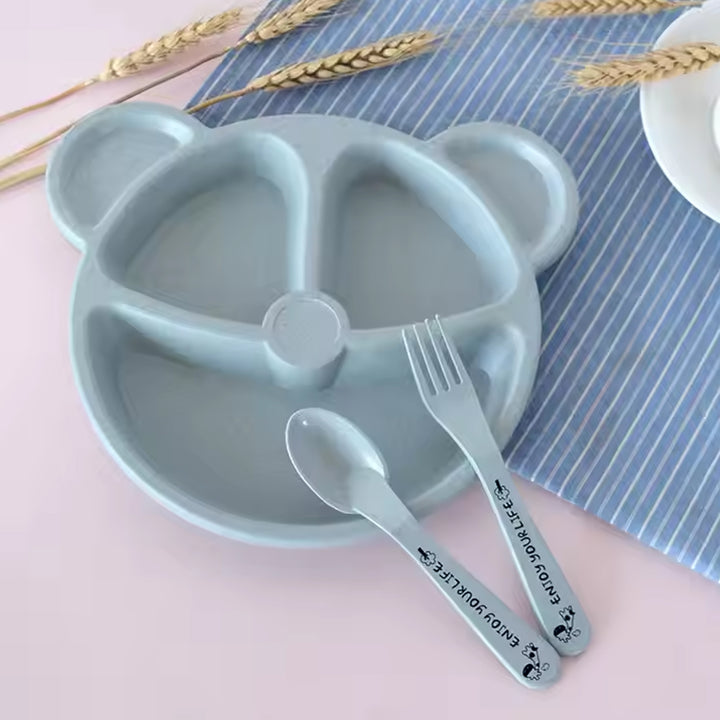 Light blue 3 compartment kids plate with bear ears and matching utensils for fun mealtime