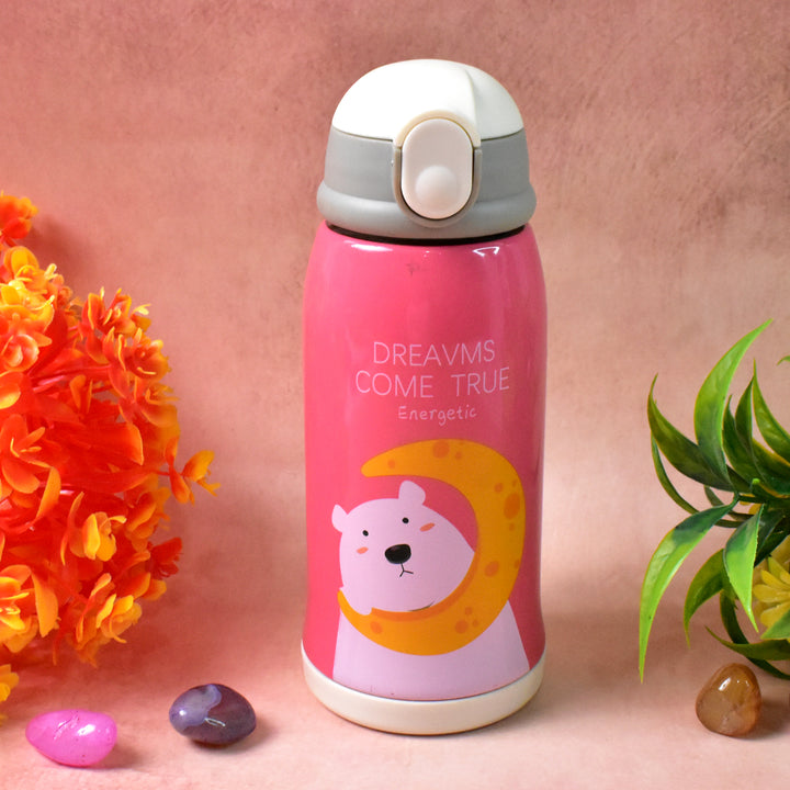 Superior eMart 500ml vacuum flask for kids in pink with bear design and secure lid