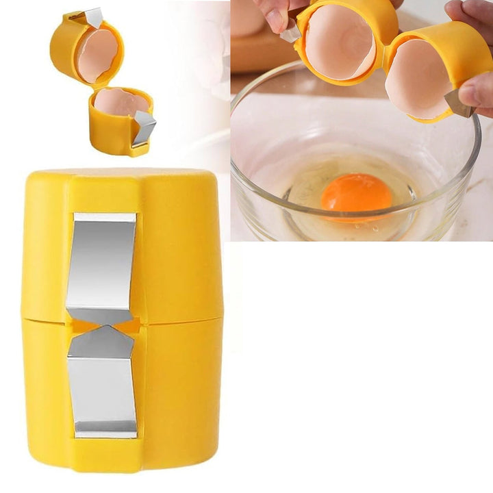 Yellow egg cracker tool designed for easily cracking eggs without mess