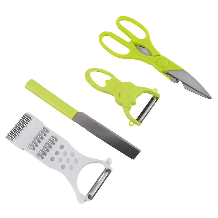 Superior eMart kitchen knife and grater combo with scissors and peelers in green and white