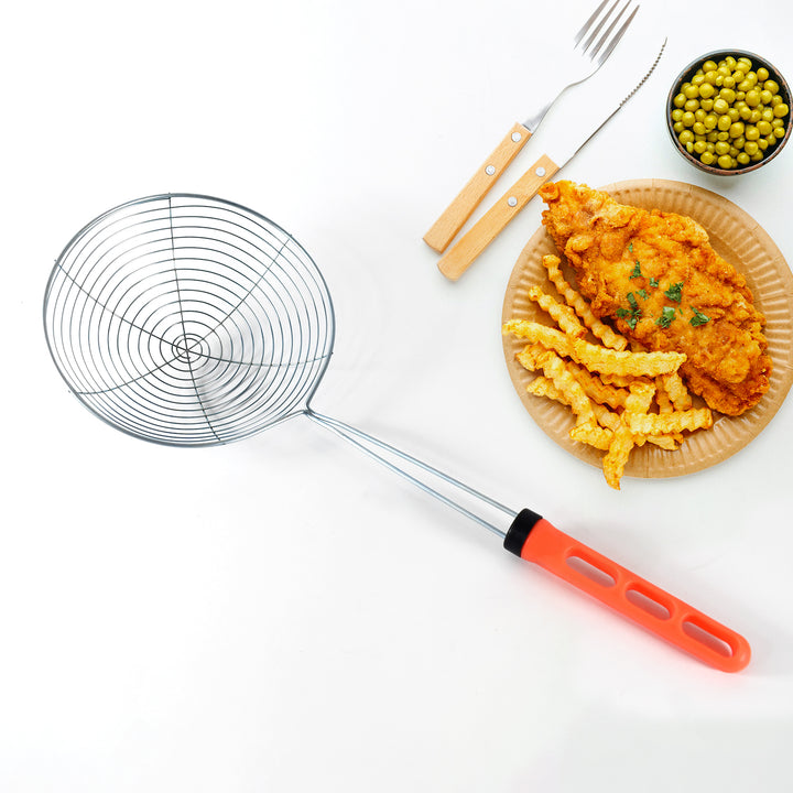 Superior eMart stainless steel fry strainer with orange handle next to plate of fried chicken and fries