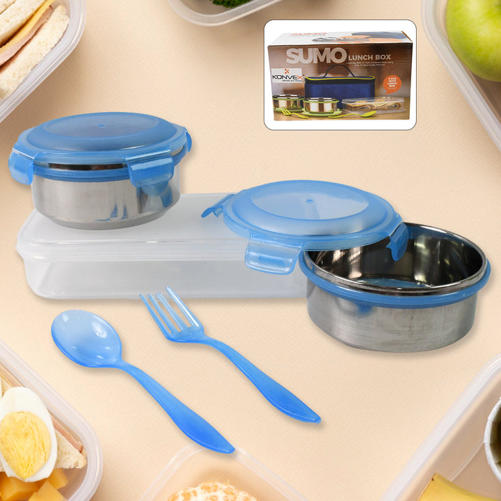 Superior eMart lunch box with spoon and fork, featuring two stackable stainless steel containers with blue lids