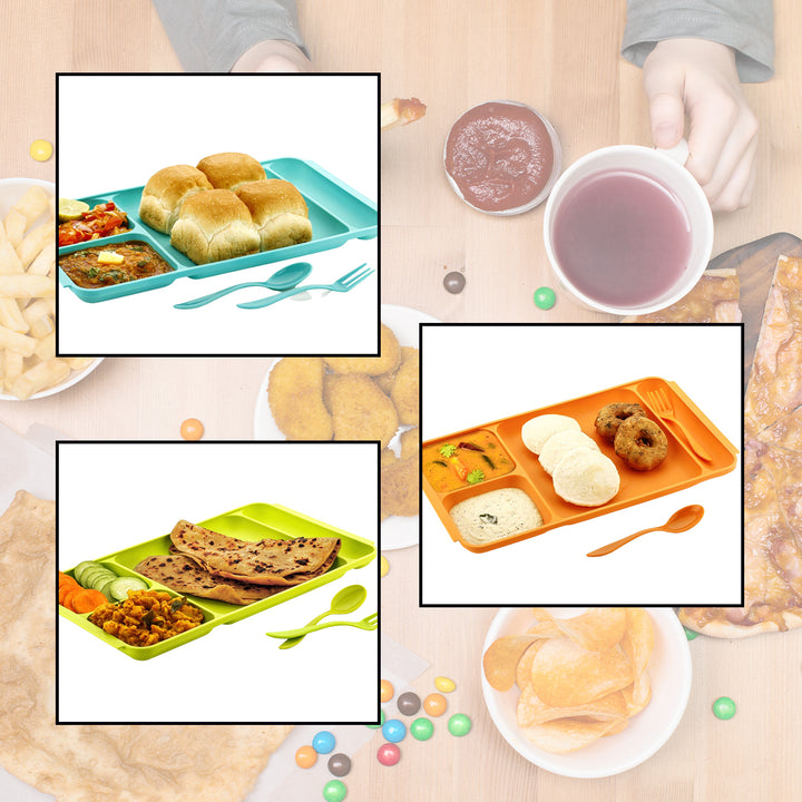 4-Compartment Plastic Dish Set with Spoon & Fork – Versatile Dinner & Pav Bhaji Plate