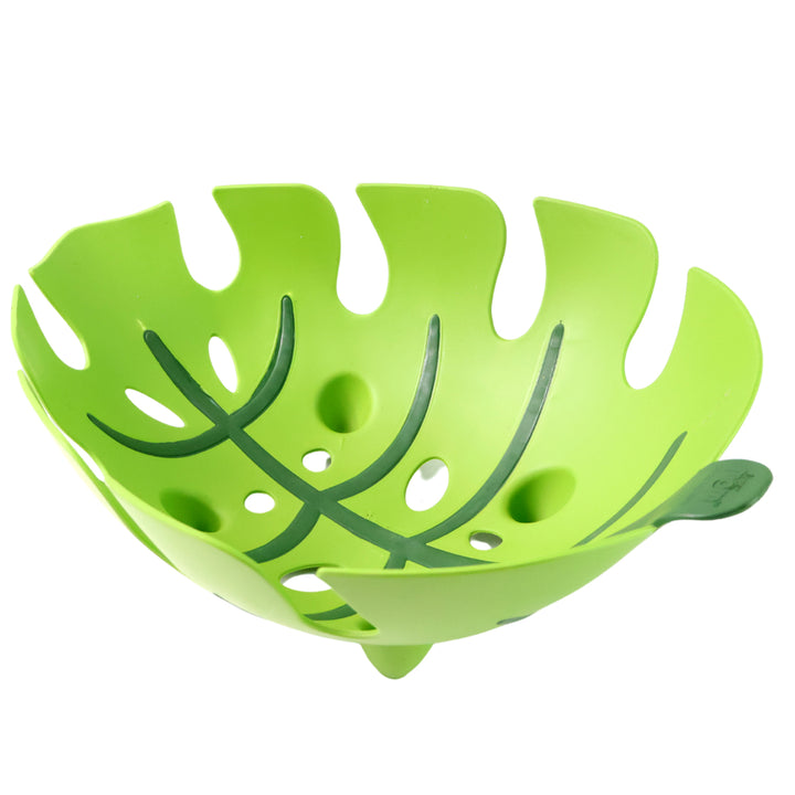 Superior eMart green leaf shaped fruit basket with decorative cutouts for home and kitchen use