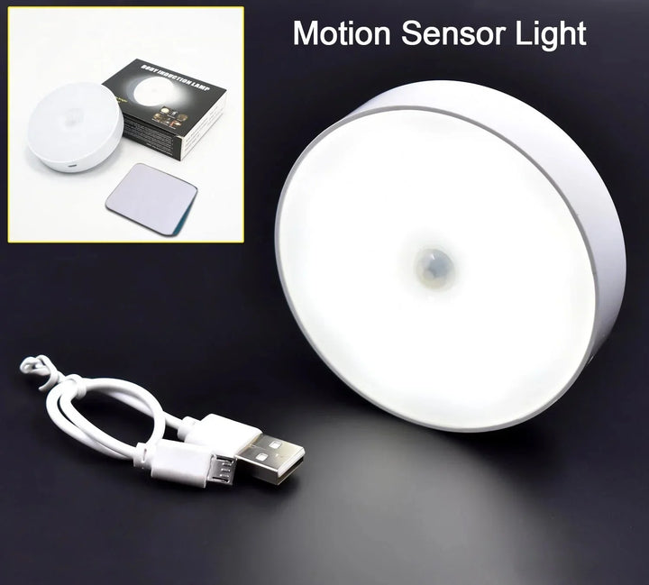 LED motion sensor light with USB charging cable, ideal for dark spaces and automatic activation