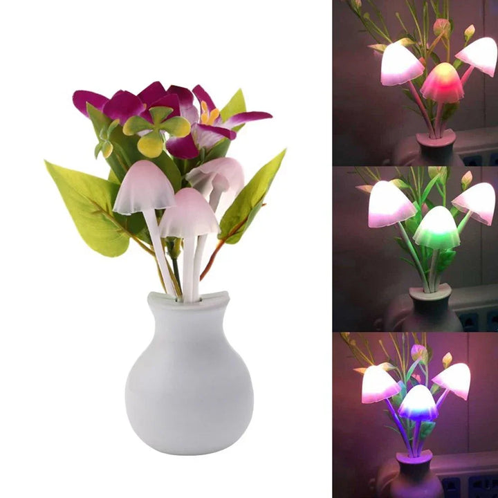 LED mushroom night light in a decorative vase with colorful glowing mushrooms for stylish home decor