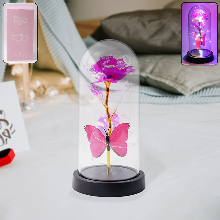 LED rose dome decoration with pink rose and butterfly for elegant home decor