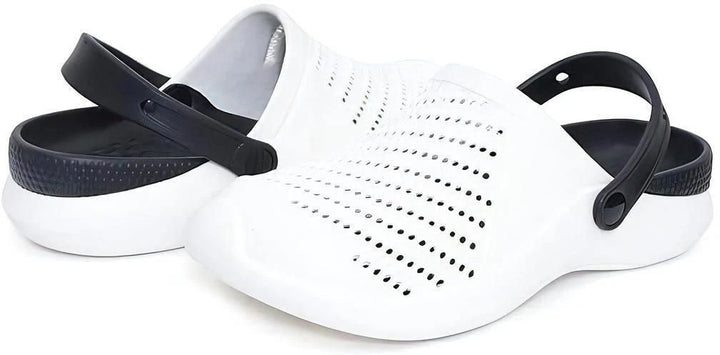 White and black lightweight casual clogs for men with ventilated upper and adjustable back strap