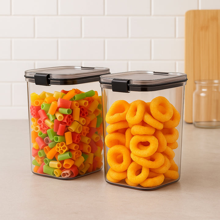 Superior eMart 2-piece airtight container set holding colorful pasta and cheese snacks on kitchen counter