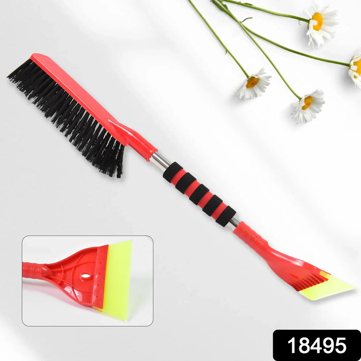 Long ice scraper for cars with a sturdy handle and snow brush for winter weather efficiency