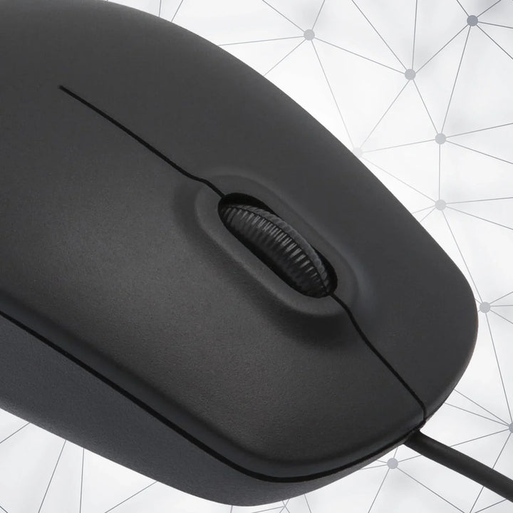 Close-up of M-111 computer mouse featuring a sleek design and smooth scroll wheel