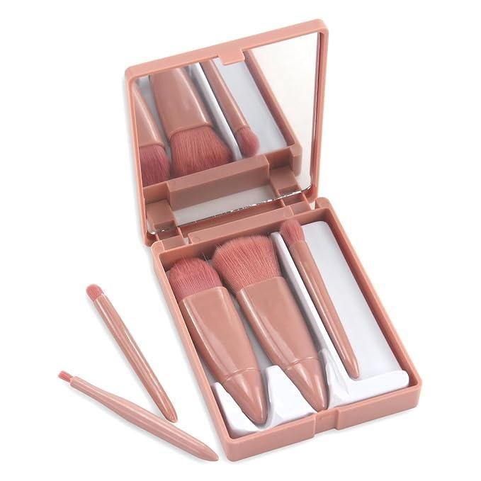 5 in 1 Makeup Brush Set with Mirror Case featuring compact design and soft pink brushes