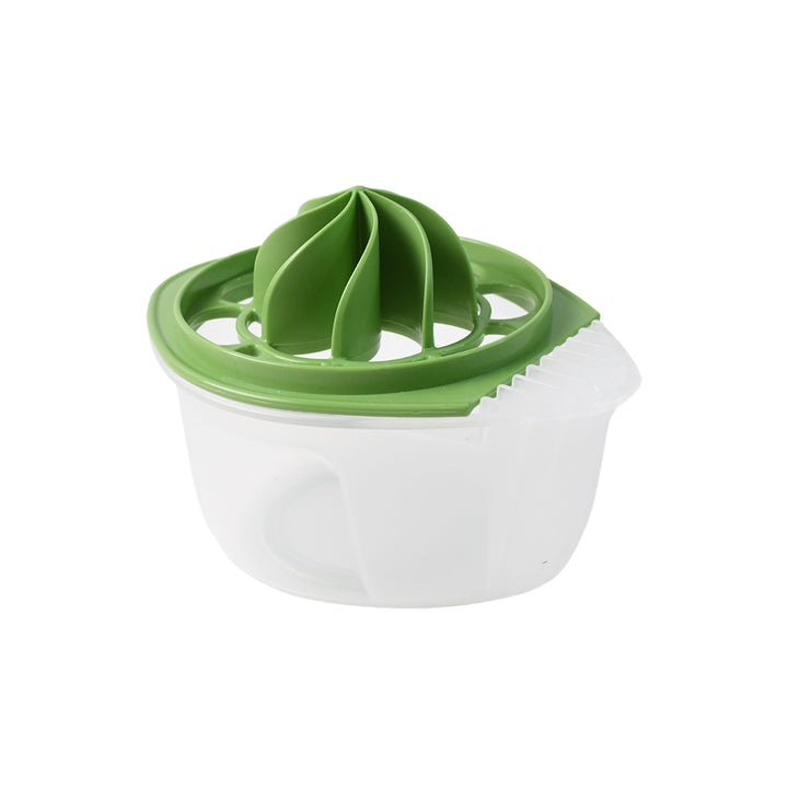 Manual fruit juicer with seed separator in green and white for easy citrus juice extraction