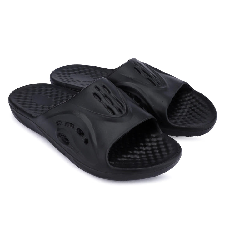 Men's black sliders with a comfortable open-toe design for casual wear and relaxation