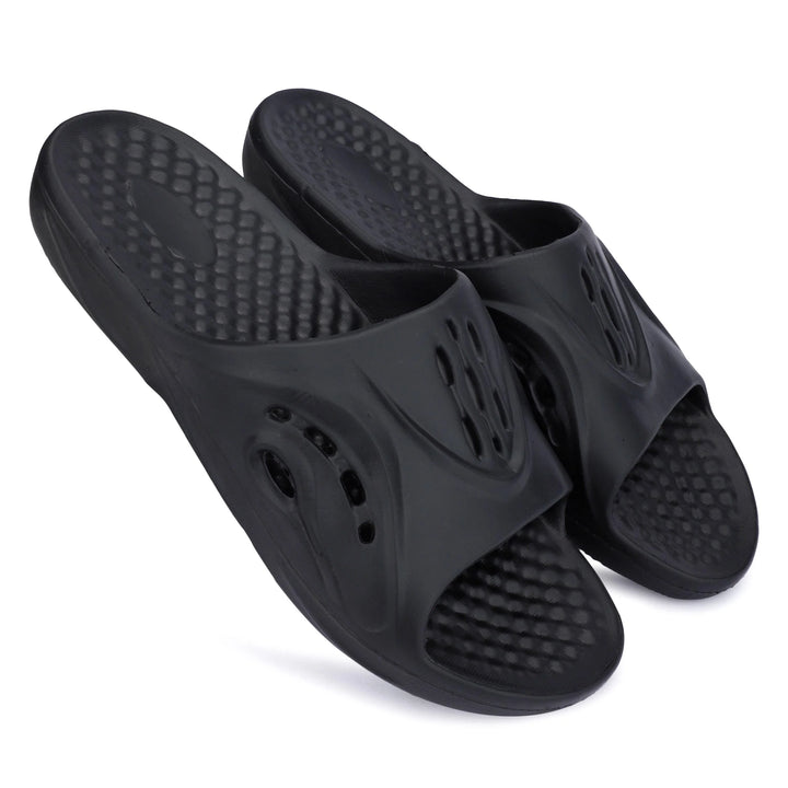 Men's black sliders from Superior eMart featuring a comfortable slip-on design and textured sole