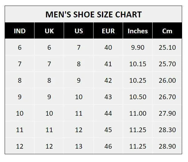 Men's Shoe Size Chart for Men's Casual Shoes with size and measurement details