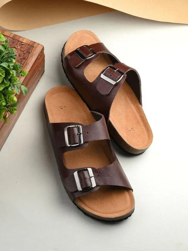 Comfortable men's cherry leather slipper with double buckle design and soft footbed for relaxation