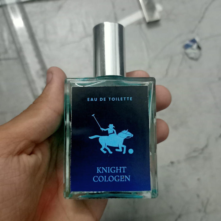 Superior eMart men's knight cologne 50ml pack of 2 bottle with blue label and silver cap held in hand
