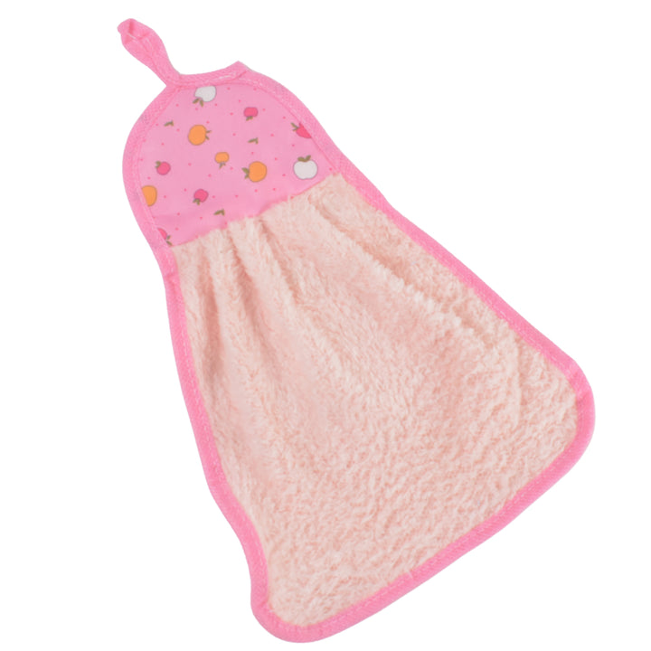 Superior eMart pink microfiber kitchen hanging towel with fruit print top and hanging loop