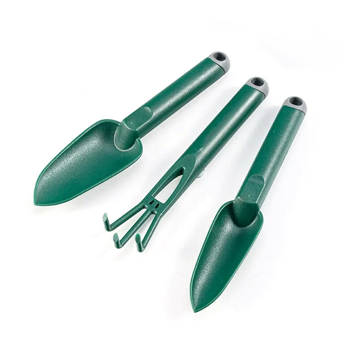 Set of three green gardening tools including a mini garden hand trowel for easy planting and cultivating
