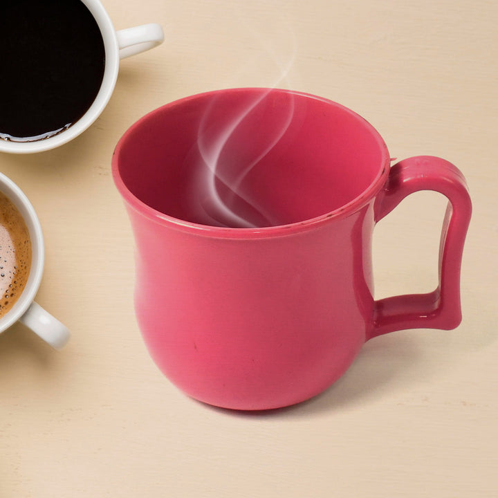 Mix color coffee cup in pink with steam rising, surrounded by white cups of coffee
