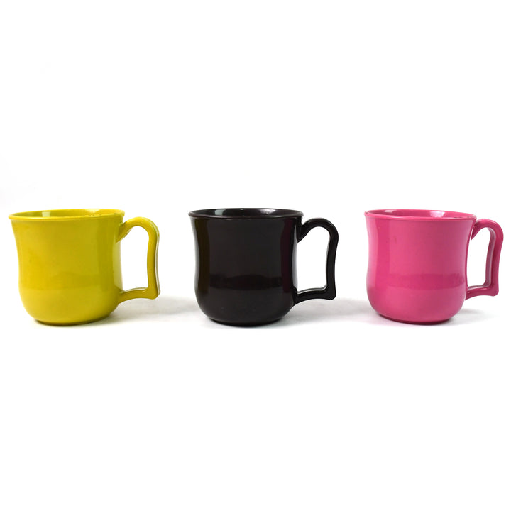 Set of three mix color coffee cups in yellow, black, and pink, ideal for vibrant coffee moments
