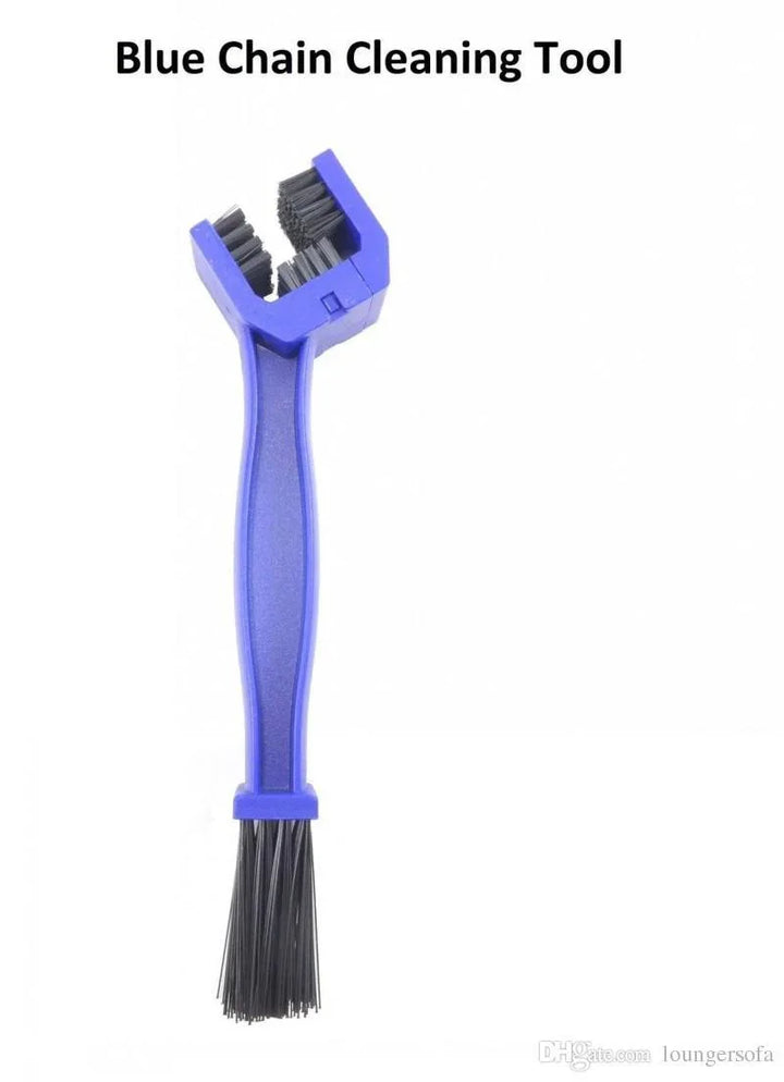 Blue motorbike chain cleaning tool with multiple bristle types for effective cleaning